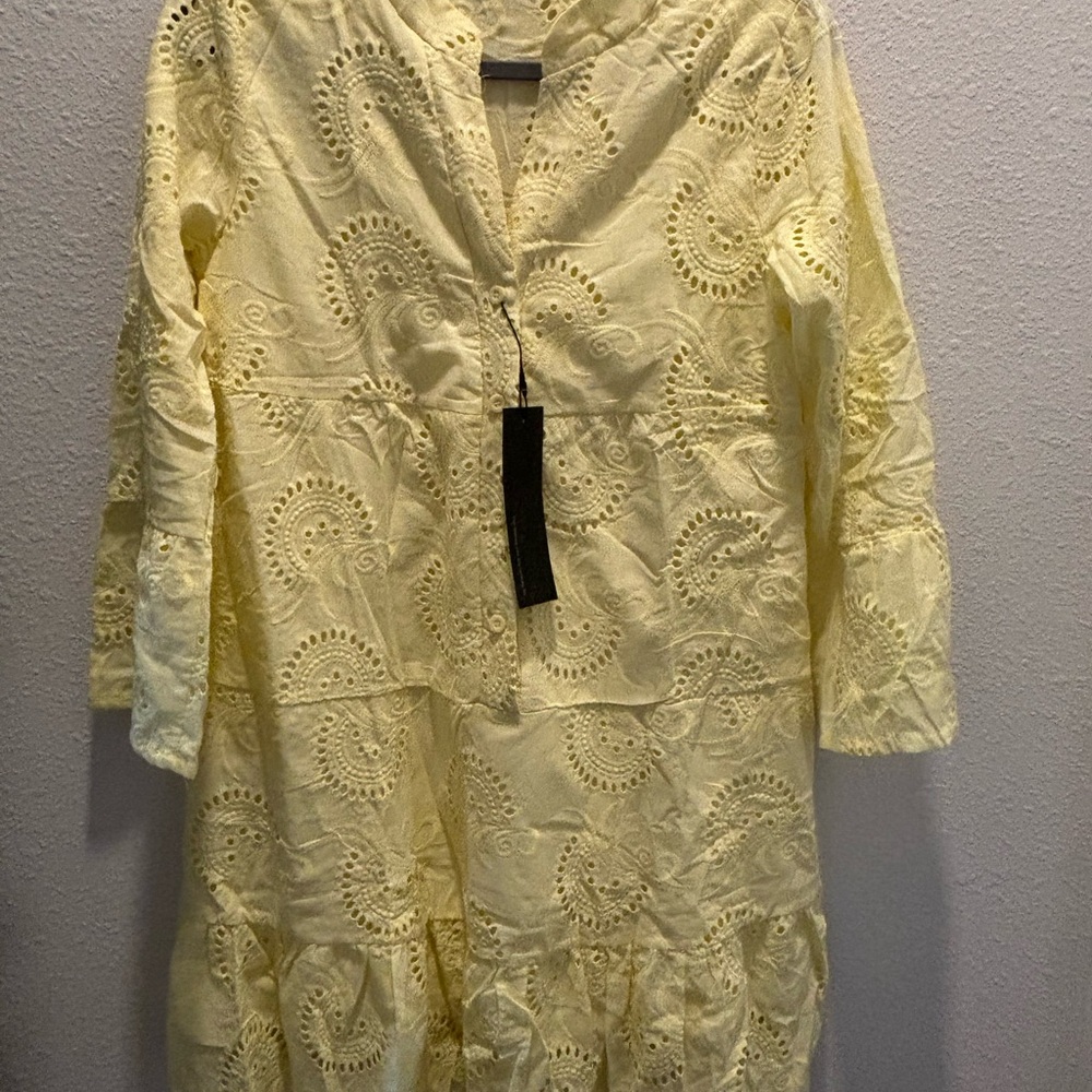 Cider Pale Yellow Eyelet Midi Dress